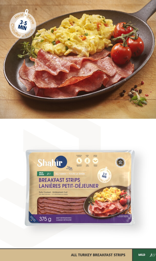 Breakfast strips with eggs and a packaging shot